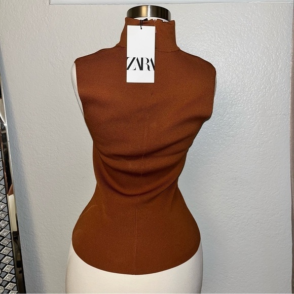 NEW ZARA Burnt Dark Orange Cut Out Choker Turtleneck Top Stretch Blouse - Picture 5 of 13